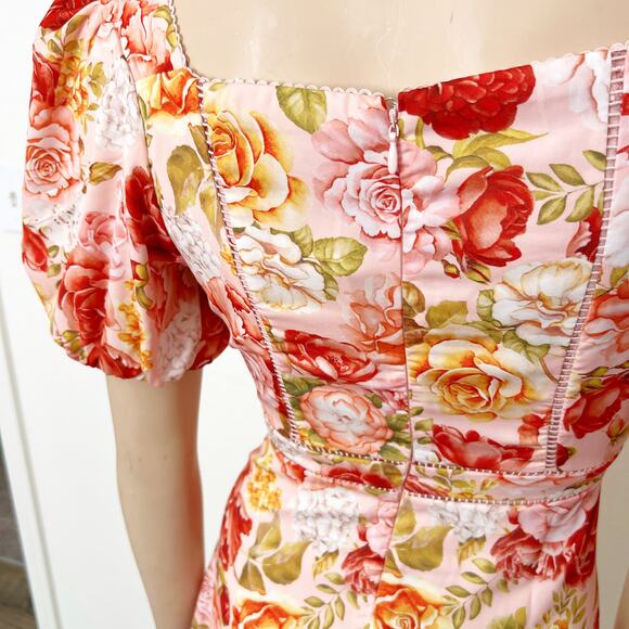 [Rachel Parcell] Pink Rose Floral Puff Sleeve Lace Trim Spring Midi Dress NWT 8 - Picture 8 of 12